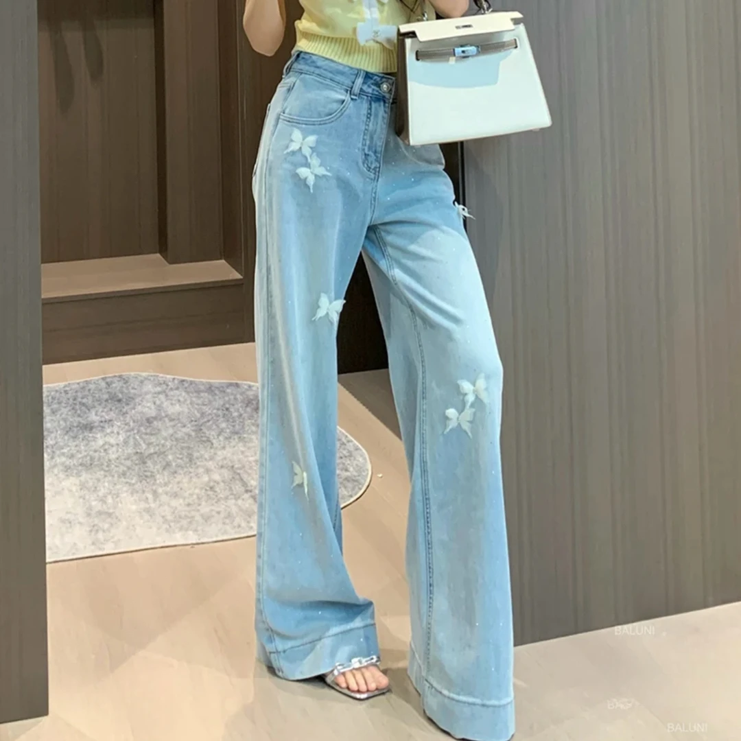 ins蝴蝶装饰牛仔裤女拖地裤潮2025年高腰宽松百搭烫钻阔腿裤长裤
