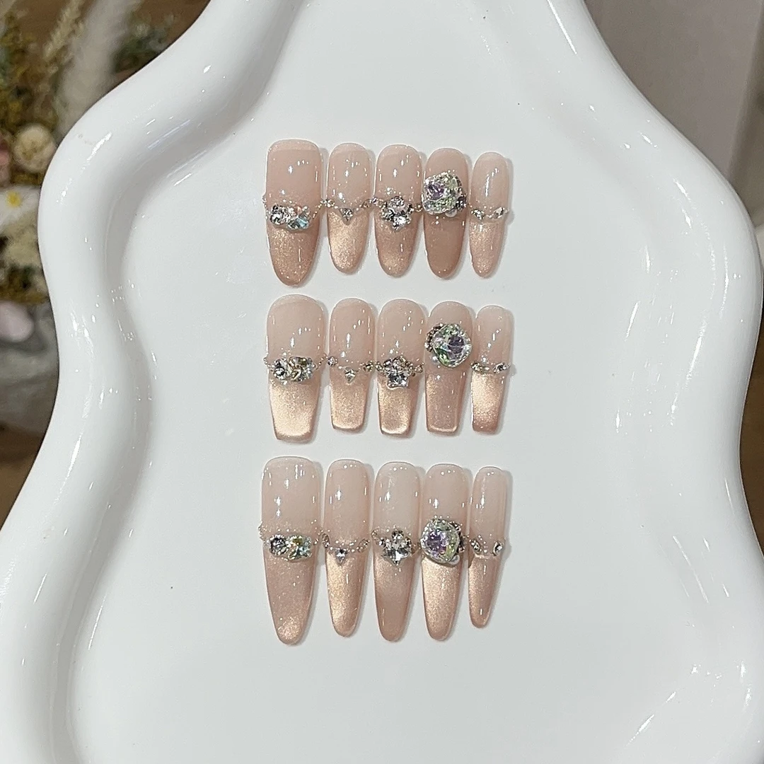 【月光手礼】氛围感温柔日落粉橘色渐变猫眼极光堆钻穿戴甲