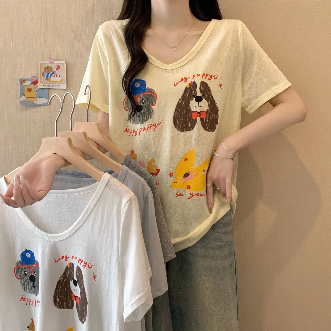 2025春夏大码女装新款慵懒风卡通小狗短袖T恤上衣 3156