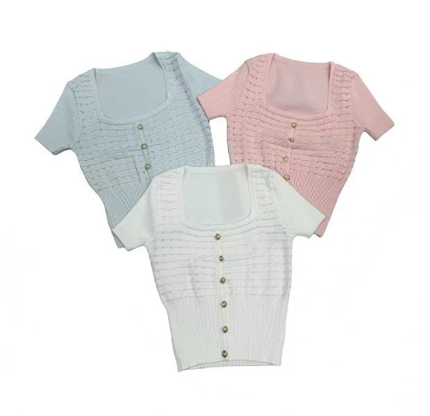 短袖女夏季方领毛针织衫开衫上衣 660粉+白+蓝