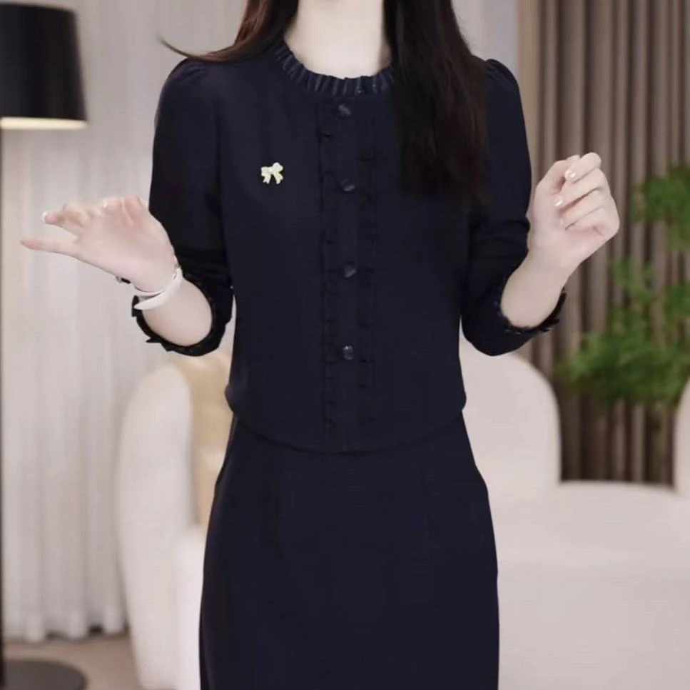 高级精纺假两件拼接优雅礼服裙2025秋季新款遮肚子减龄显瘦连衣裙