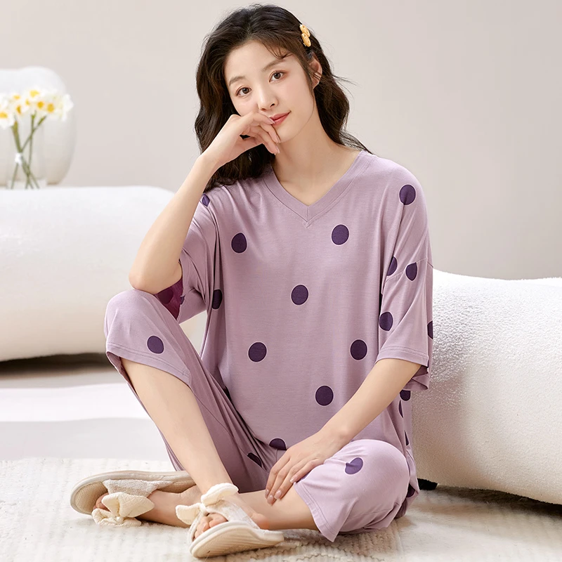 带胸垫女士短袖夏季棉质宽松休闲可外穿七分裤薄款睡衣两件家居服
