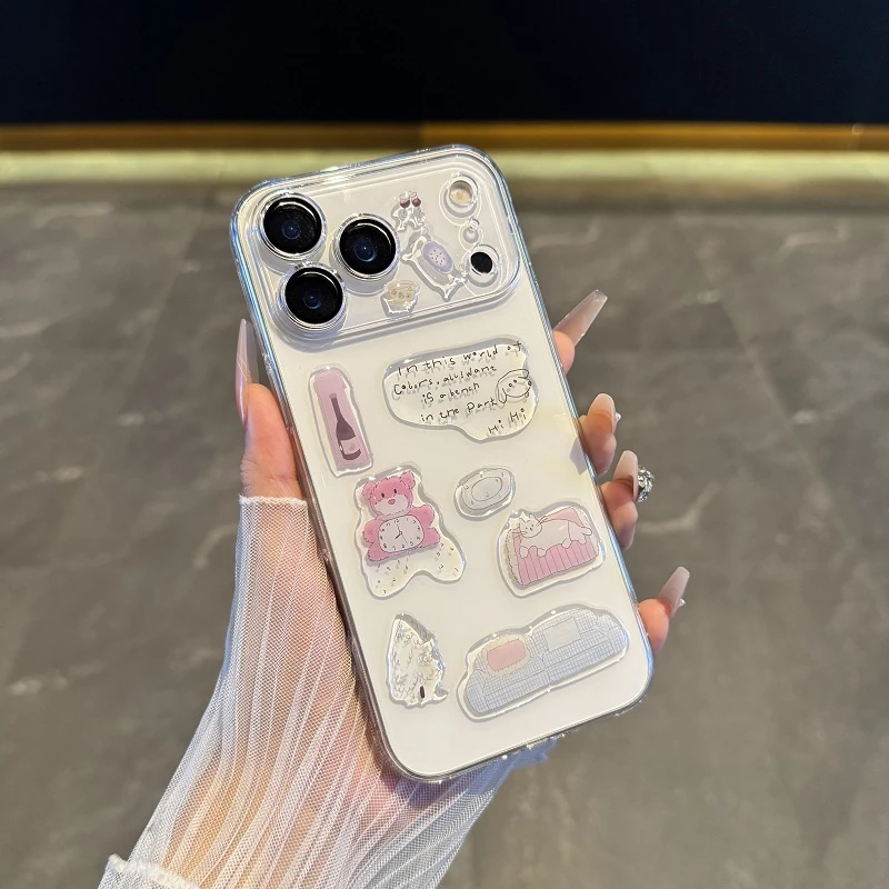适用于苹果17promax手机壳创意diy立体贴纸小熊iPhone16透明情侣