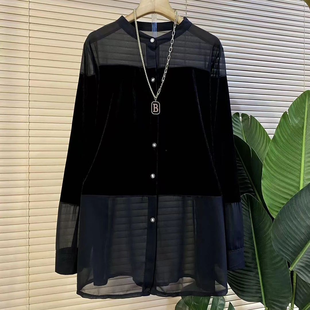 Y胖mm欧货时尚新款气质丝绒拼接宽松显瘦女人衫