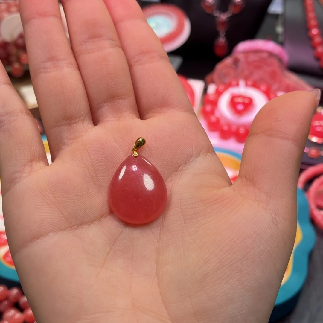 菱锰矿（红纹石）18K金镶嵌颈饰水滴吊坠