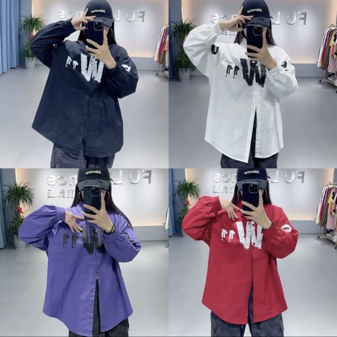 XYT8805#秋季新款水洗棉宽松男女同款潮流做旧字母印花百搭衬衫