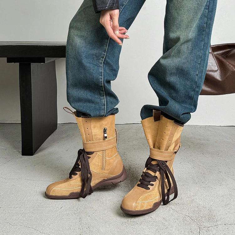 复古美拉德中筒靴2025年新款夏季增高马丁靴撞色运动短靴拳击