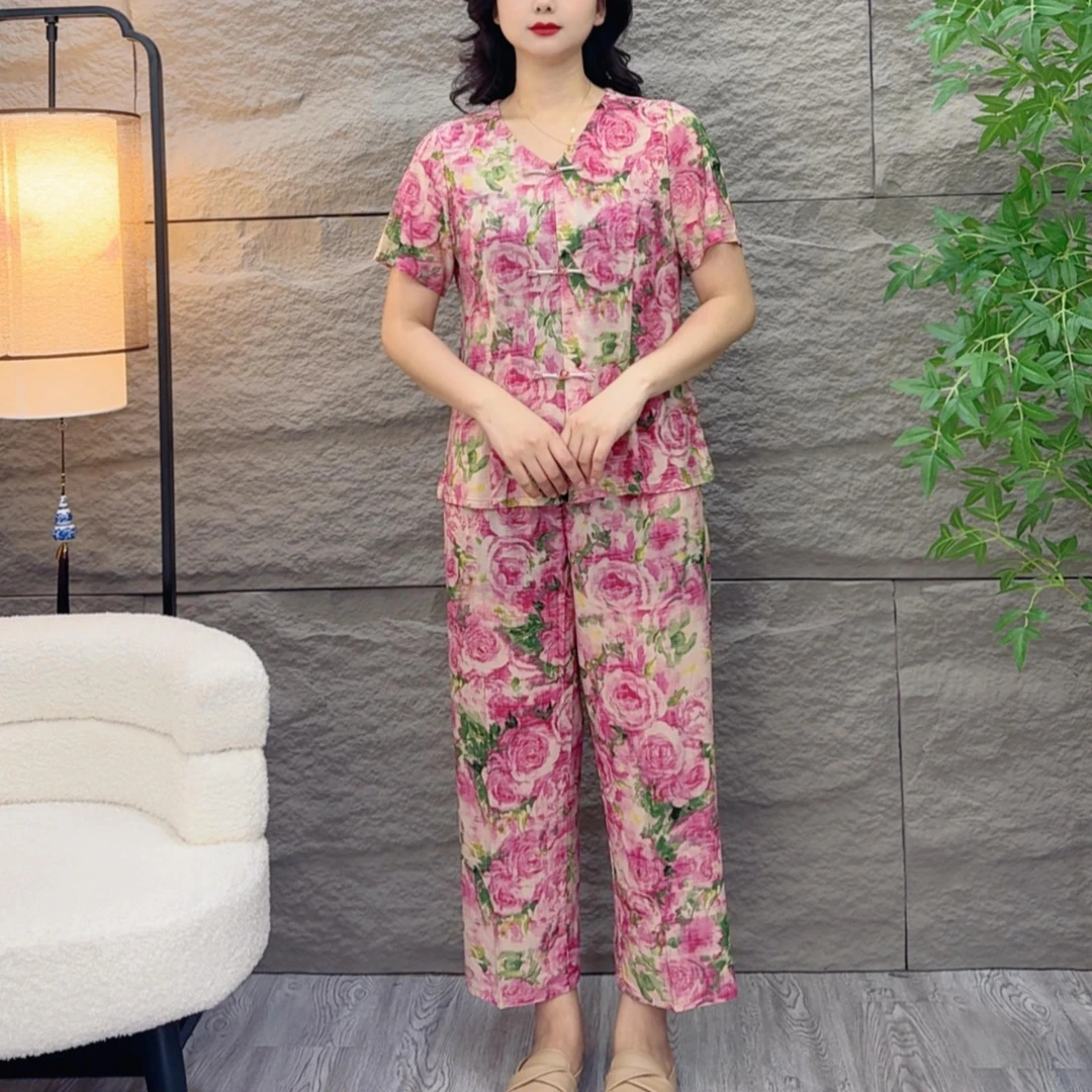 中老年女装复古短袖套装轻薄弹力妈妈中式国风上衣裤子大码两件套