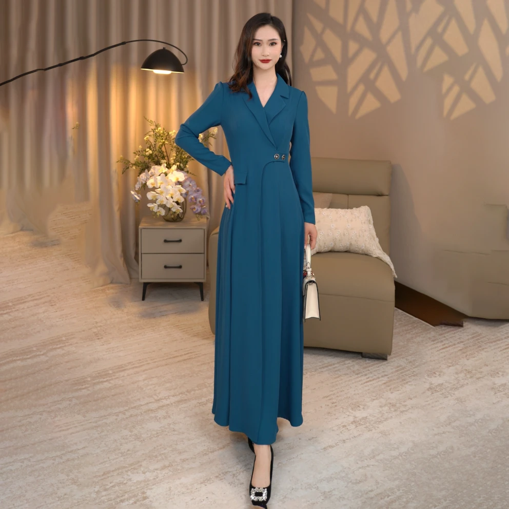 初秋薄款长裙西装领显瘦轻奢长袖风衣款气质套头连衣裙02007