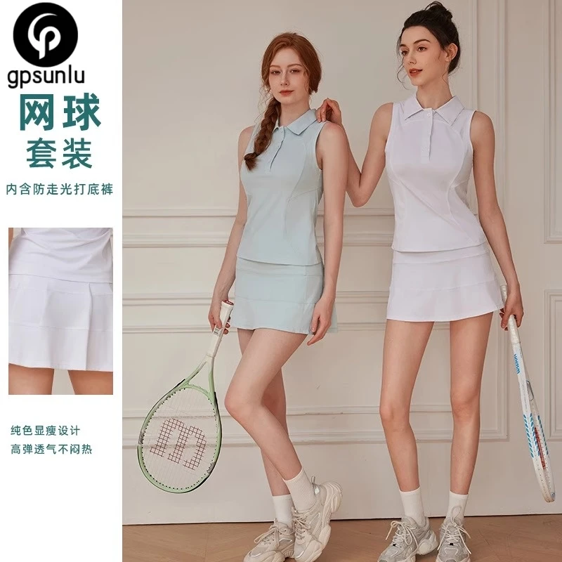 GPSUNLU专业无袖网球裙健身瑜伽短裙双口袋裙运动套装女羽毛球服