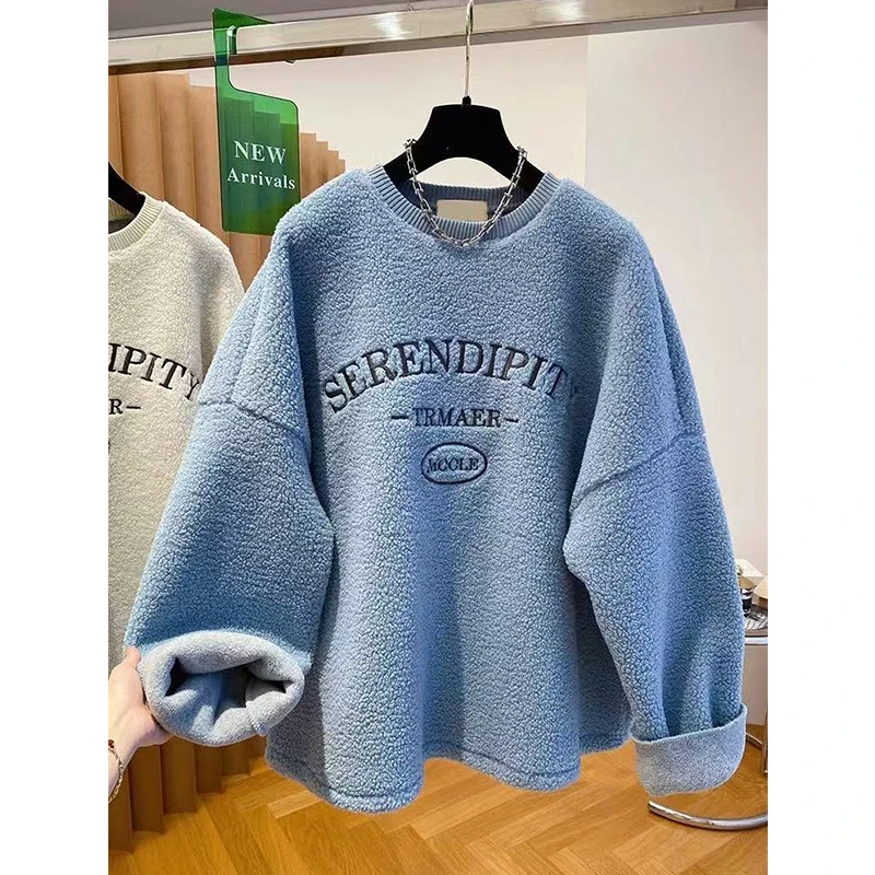 胖妹妹240斤大码美式刺绣羊羔绒卫衣女秋冬宽松加绒加厚套头上衣