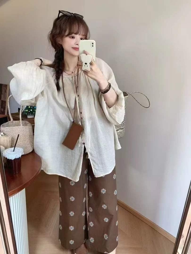 【冯七七】胖MM夏季韩系慵懒风罩衫阔腿裤减龄洋气套装