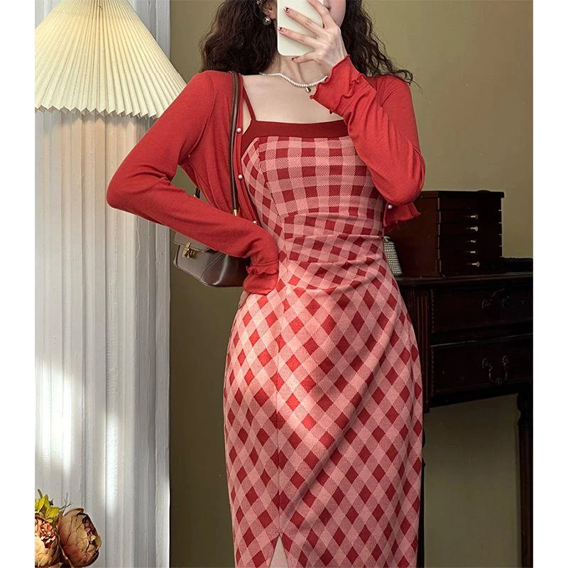 肖夫人一日朝歌复古格子长款吊带裙显瘦夏季气质露锁骨收腰外搭裙
