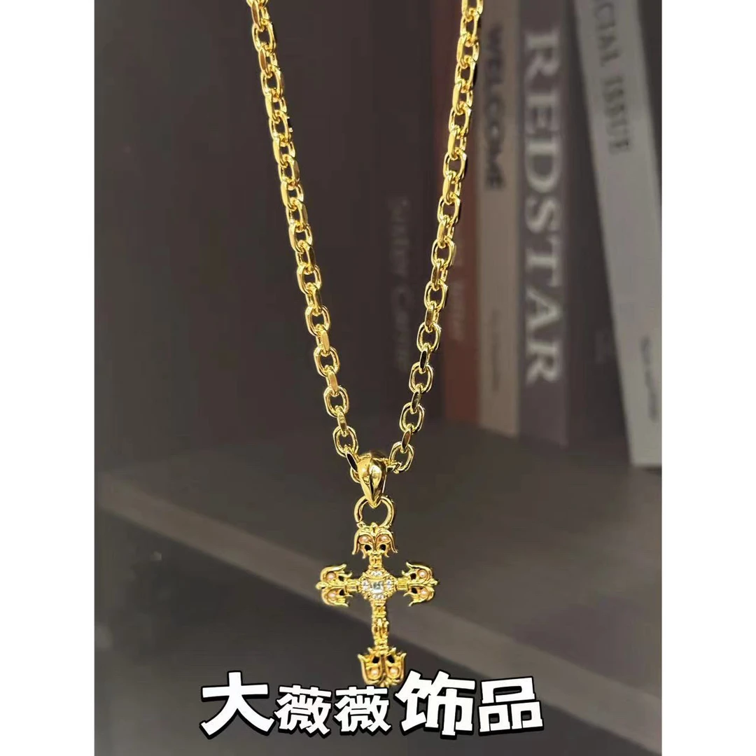 铜合金项链 高级金色火焰十字架项链-67795