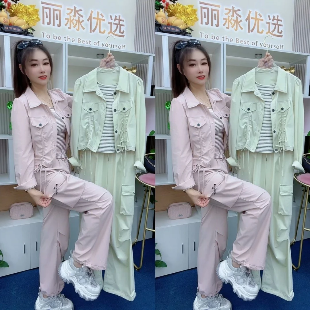 2025秋新款上新长袖抽绳短外套条纹背心工装长裤休闲三件套流行潮