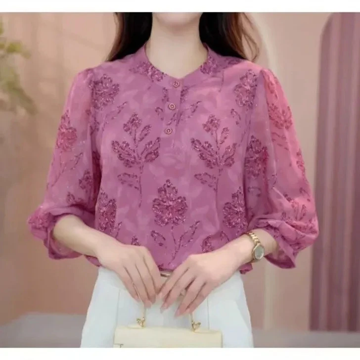 百搭显瘦时尚套头七分袖气质宽松减龄夏季女款洋气衬衣衬衫上衣