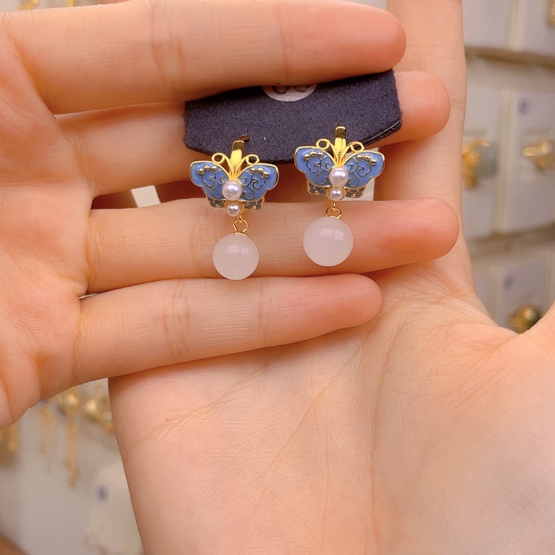 和田玉耳饰银S925镀金镶嵌