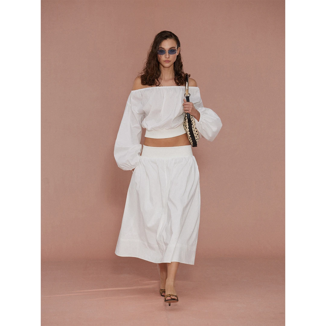 randpickee | holiday系列-一字肩灯笼袖收腰抽褶上衣