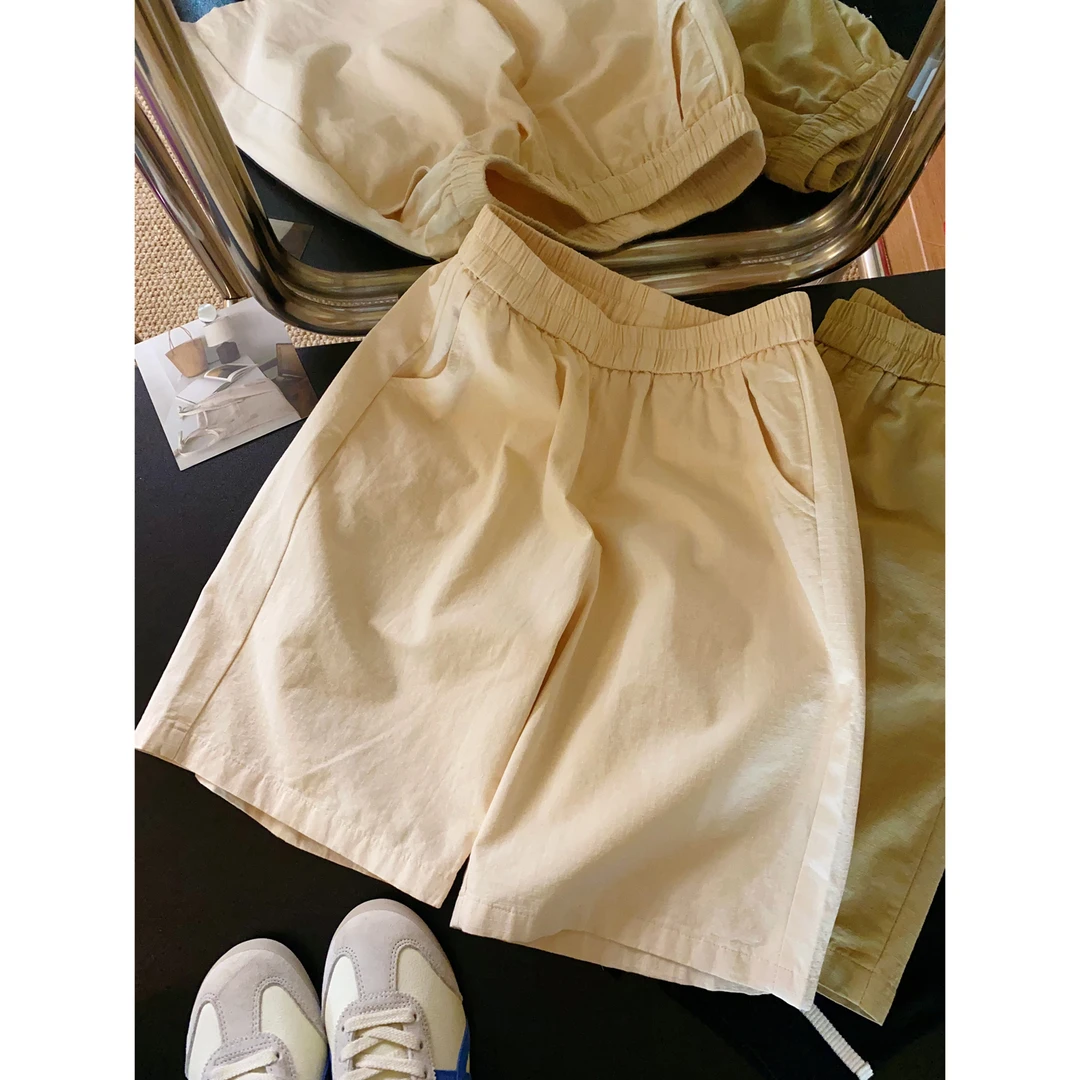 A34休闲短裤女夏季新款高腰宽松显瘦阔腿松紧腰直筒五分中裤