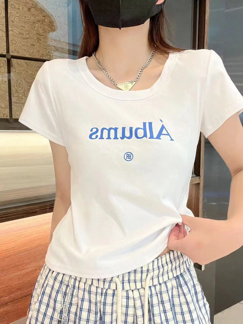 2025夏季新款U领短袖字母宽松T恤上衣