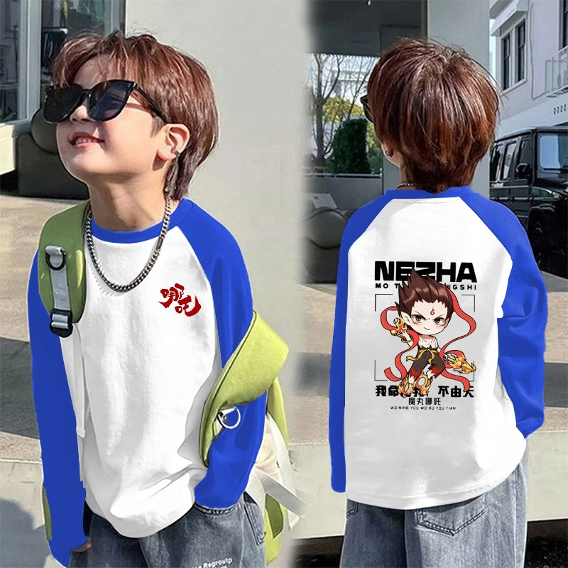 2025春秋爆款哪吒拼接长袖中小童圆领印花打底衫男童动漫潮范T恤