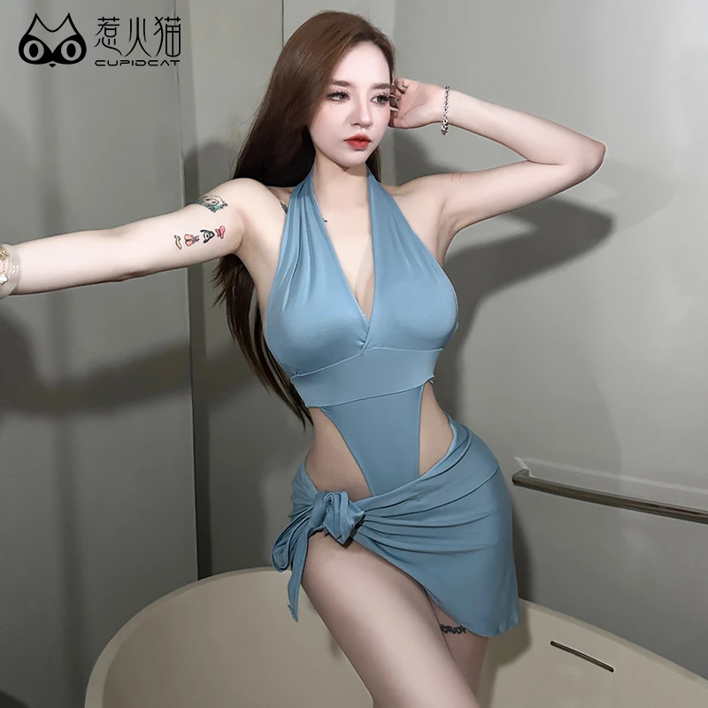 设计感战袍御姐挂脖套装小胸显大知性风内衣女连体衣两穿纯欲修身