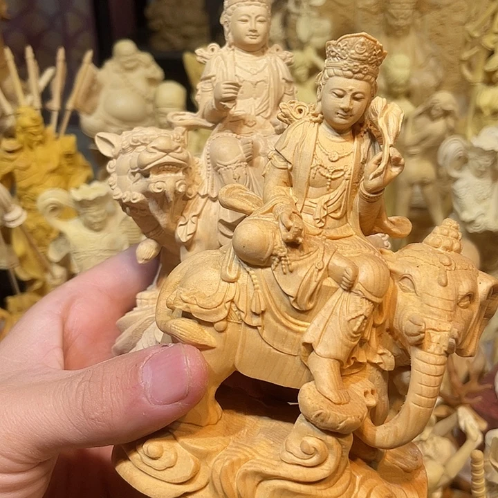 欢***欢黄杨木瑕疵文殊➕普贤