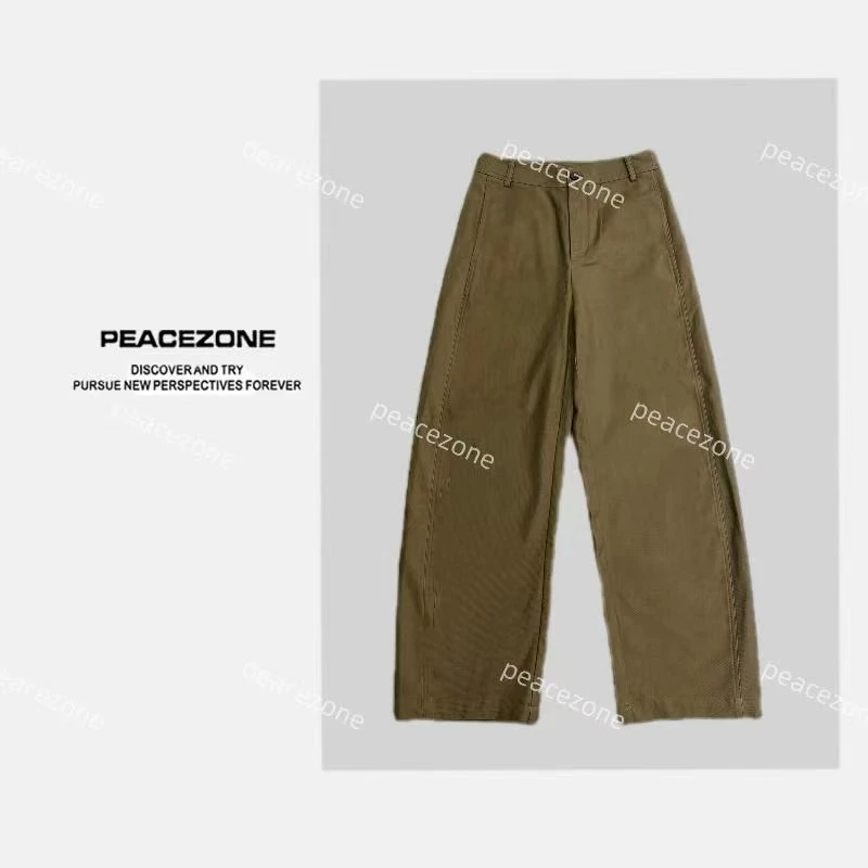 Peacezone 棉+天丝 极简棉混纺复古弯刀休闲裤/8264