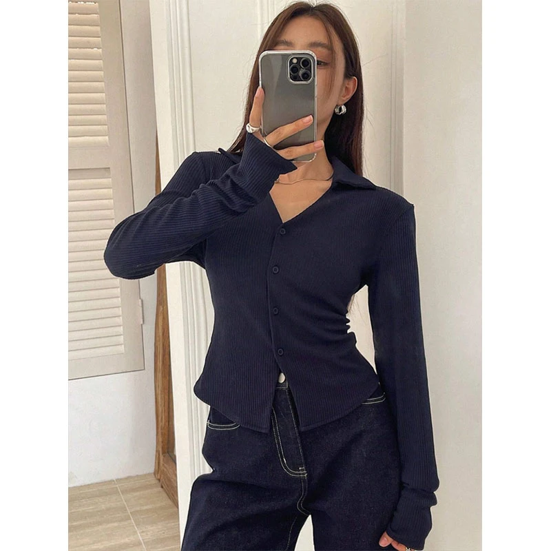 蓝色翻领长袖t恤女洋气内搭秋季新款小个子时尚修身百搭短款上衣