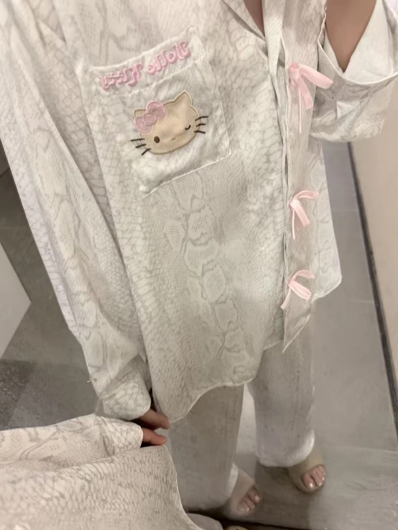 VINEEMAN【蛇纹kt】卡通睡衣女款长袖春秋季长裤网红风家居服套装