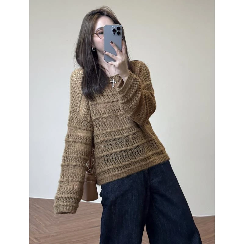 玖黛衣【软糯糯】早秋纯色镂空百搭宽松毛衣XSP44239