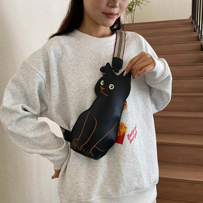 可爱猫咪胸包日系皮质高级感创意包包单肩斜挎包