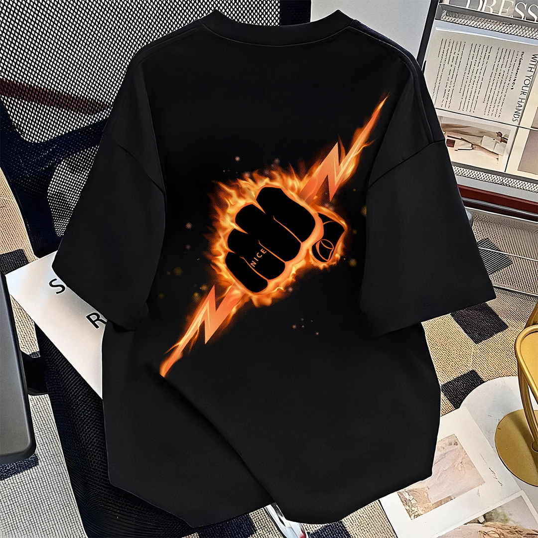 纯棉重磅美式高街火焰闪电印花国潮短袖t恤夏季男生潮流体恤衫ins