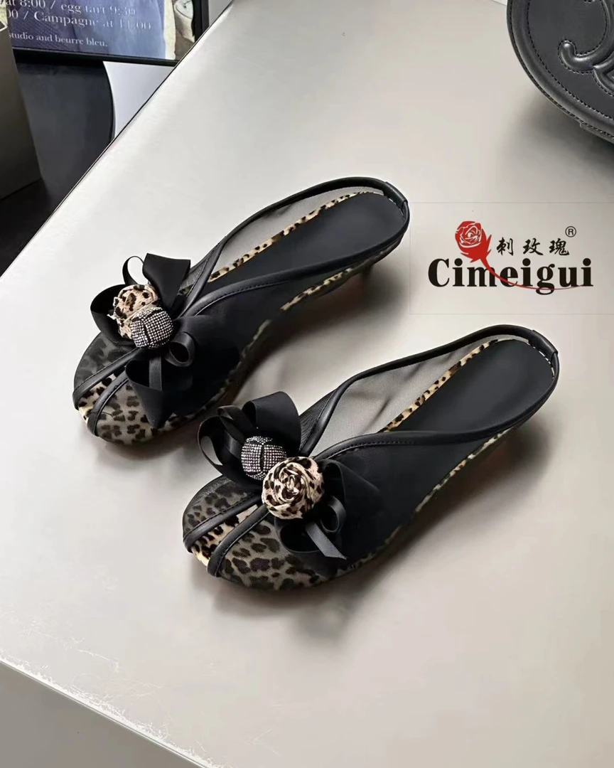 纯色包头水钻日常网纱中跟包头拖方头法式半拖凉拖