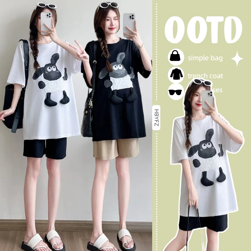 洋气大码女装宽松2025新款开心小羊上衣T恤减龄显瘦