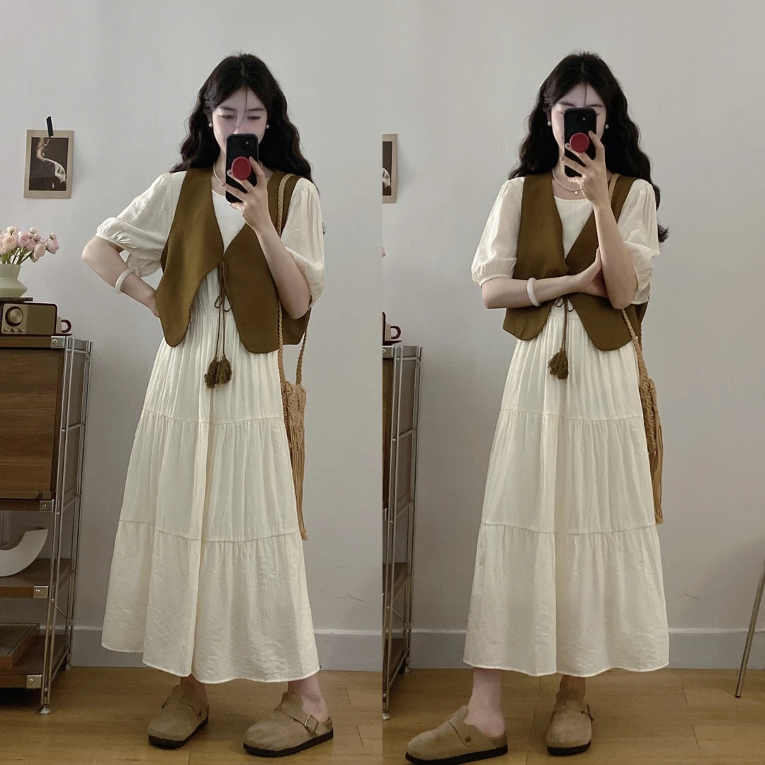 大码夏季气质新款短袖长裙遮肉显瘦文艺马甲简约两件套裙子