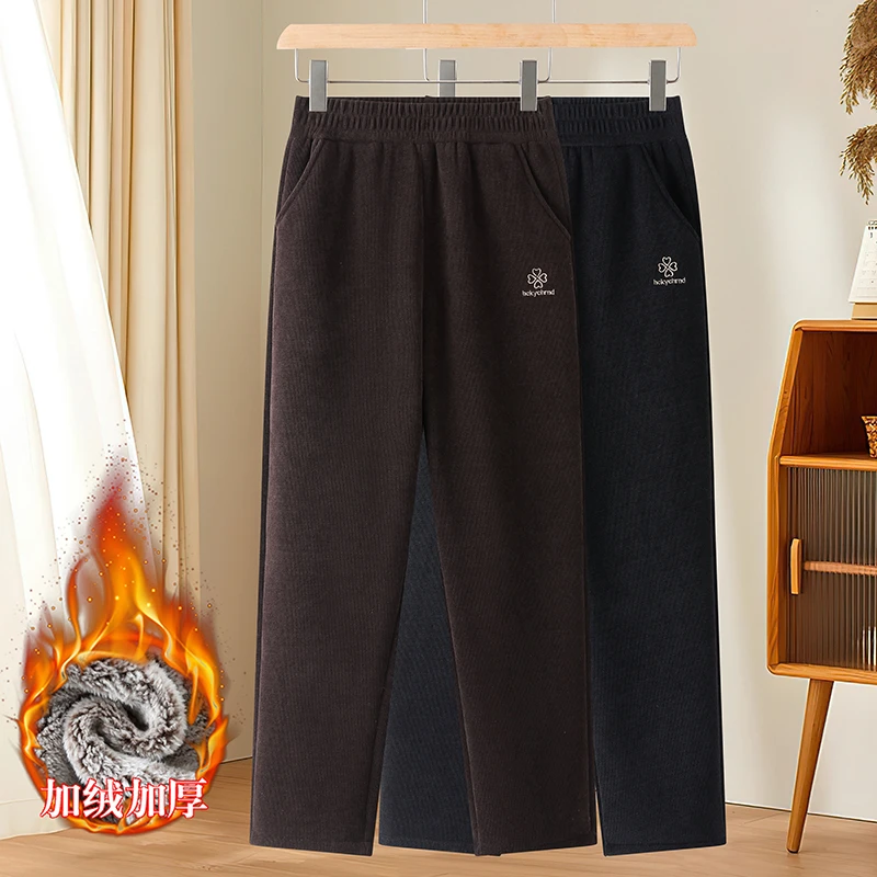 中老年女加绒加厚冬季妈妈灯芯绒小直筒裤老太太保暖高腰松紧裤子