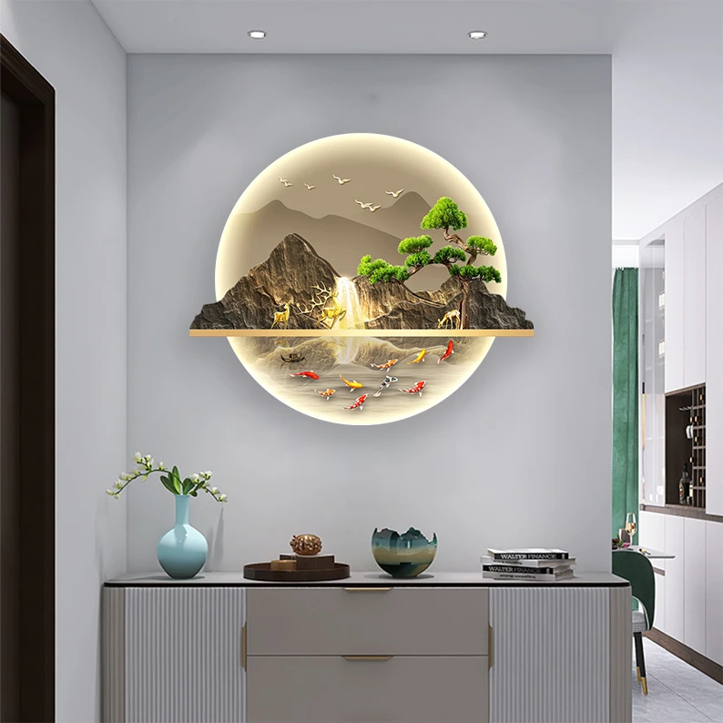 DK010中式九鱼玄关圆形装饰画轻奢入户门走廊过道画挂画壁画