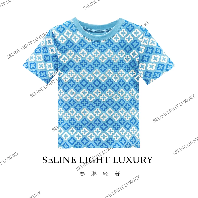 【25C-171】2025 SELINE  轻奢原创重工渐变蓝色老花圆领短袖T恤