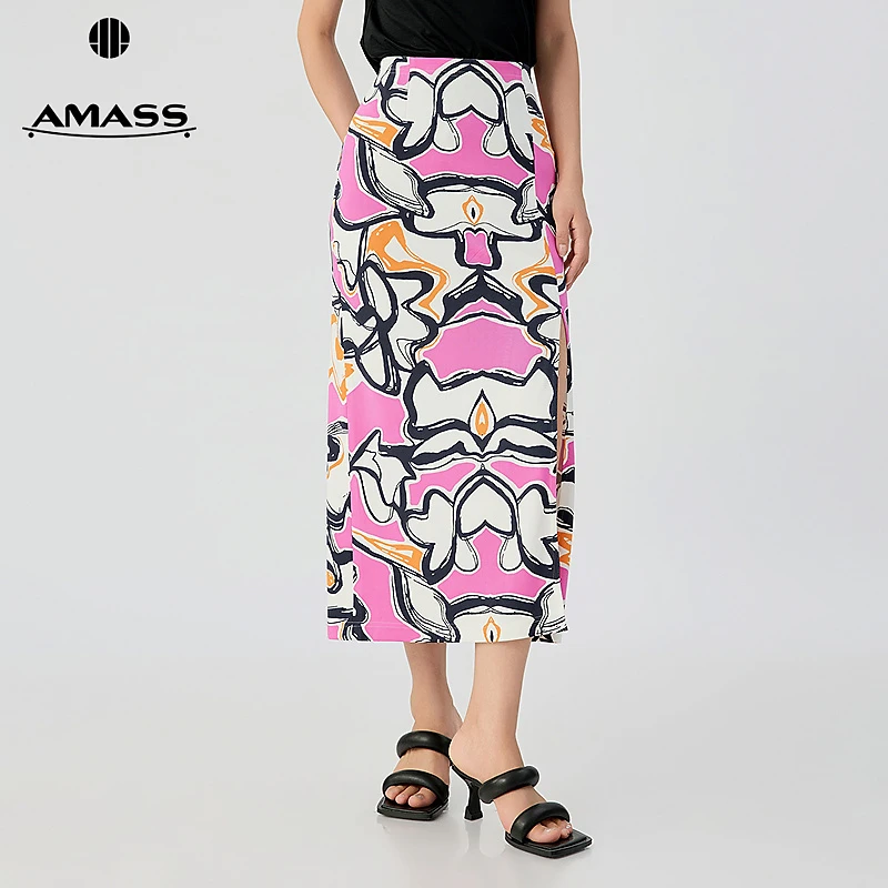 阿玛施AMASS新款气质时尚中高腰开衩设计印花包臀半身裙女520078