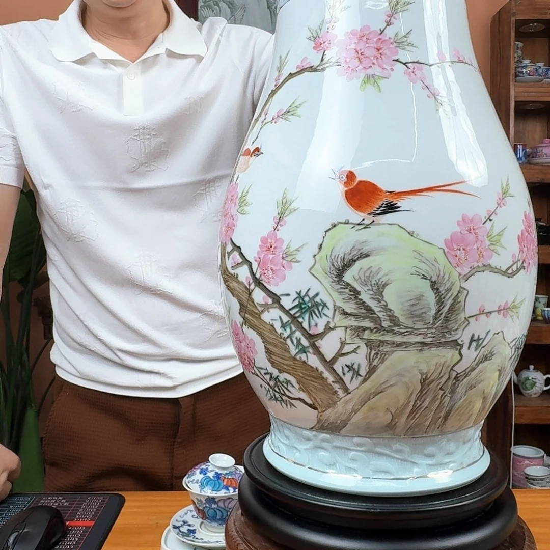 景德镇陶瓷手工雕刻水电桃花花瓶