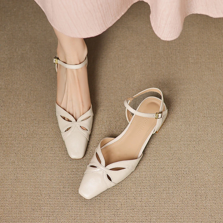 法式绝美小凉鞋女夏外穿包头低跟粗跟真皮软皮镂空凉鞋软底不累脚