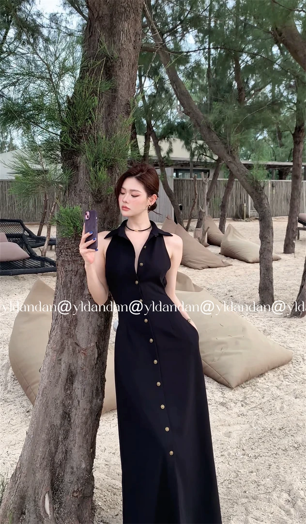 @yldandan|猫女赛琳娜东方华尔街高知感复古简约无袖冷艳连衣长裙