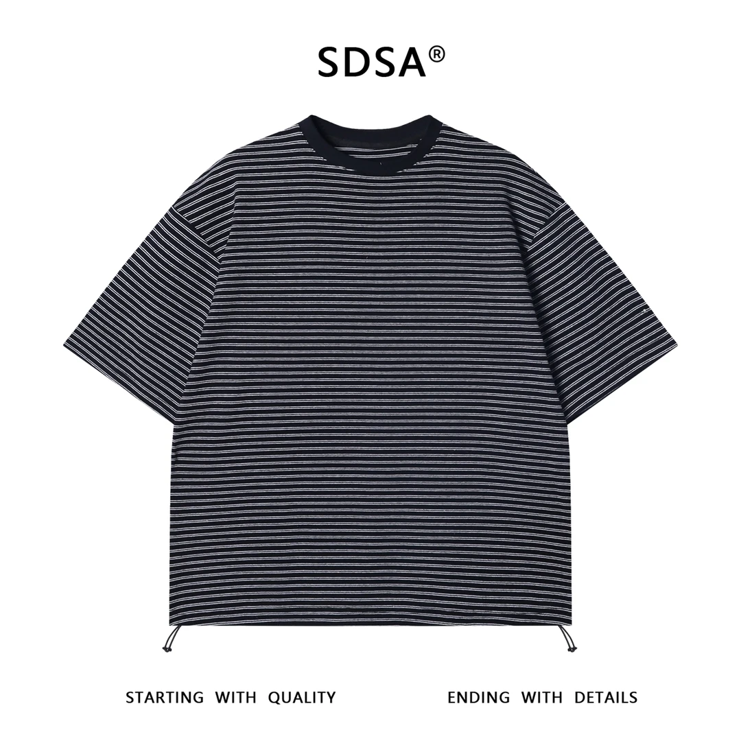 夏季高级感新款韩系撞色条纹圆领短袖T恤下摆松紧百搭套头上衣