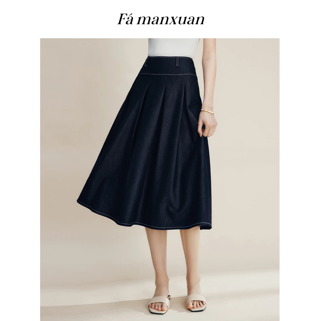 【诗语专属】法曼萱黑色重工压褶撞色牛仔半身裙女2025年夏裙子