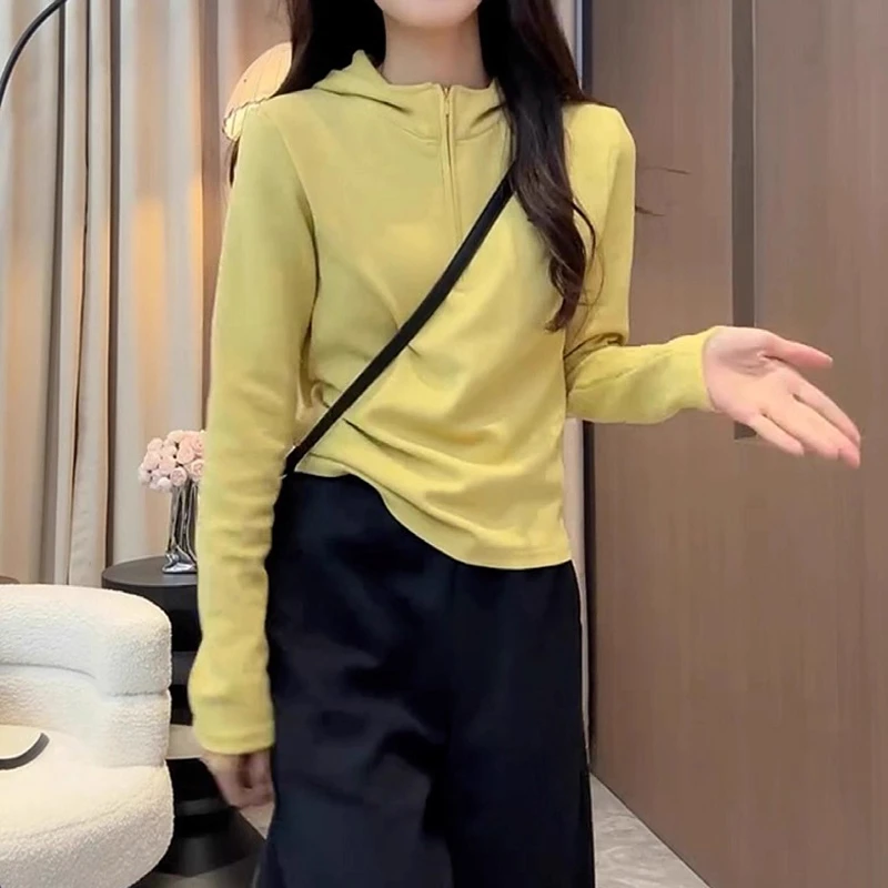 胖MM休闲气质减龄通勤上衣2025秋季韩系半拉链纯色连帽长袖卫衣女