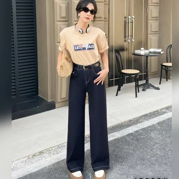 2025春季新款精致刺绣显瘦百搭高腰直筒窄版阔腿牛仔裤18203