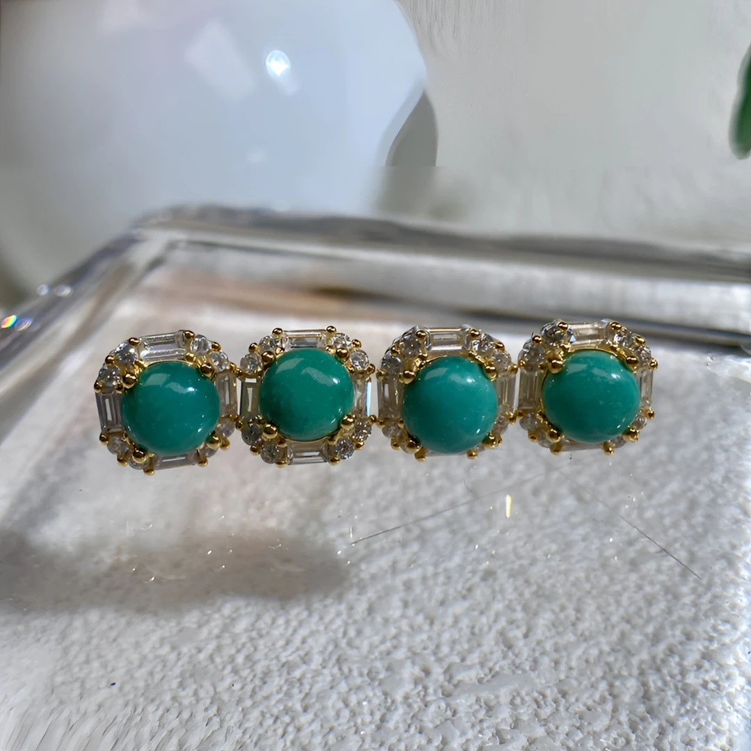 原矿湖北绿松石银镶时尚个性百搭款耳钉 多色多样性随机发一件