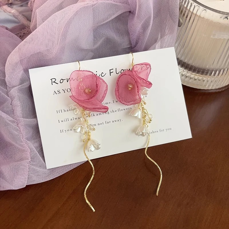 2025新款爆款高级感粉色薄纱花朵流苏耳环女小众设计感耳钉耳饰品