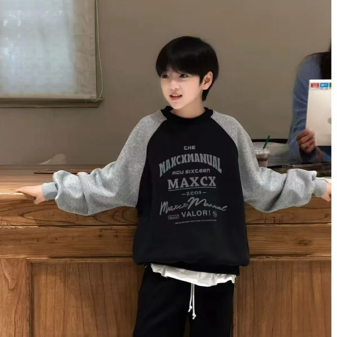 18572。 加绒长袖男夏季休闲字母春秋男童T恤印花童装中大童上衣